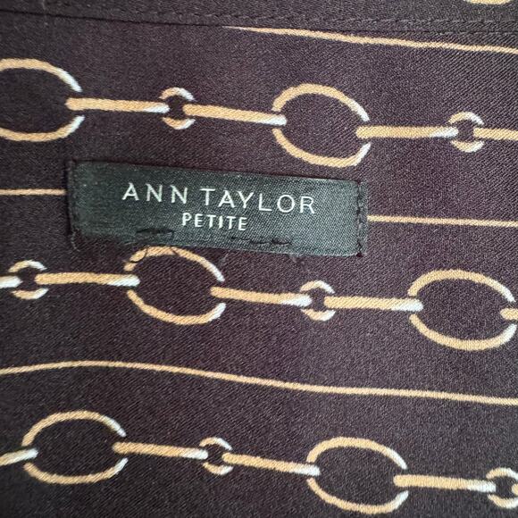 Ann Taylor Blouse Petite Chain Print Button-Down Black Long Sleeve Top Office - Picture 7 of 9